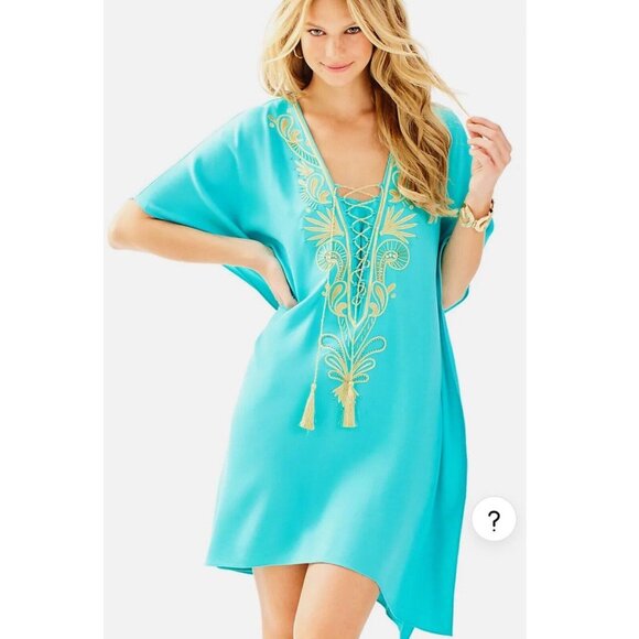 Lilly Pulitzer Other - LILLY PULITZER Beaded Seaside Aqua Chai Caftan Swimsuit Coverup S/M